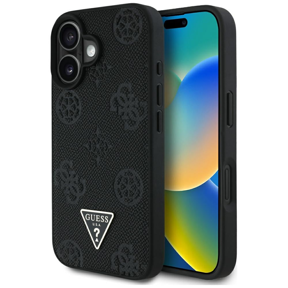 Etui MagSafe dla Apple iPhone 16, Guess, Peony Grained Hot Stamp Triangle, Czarne
