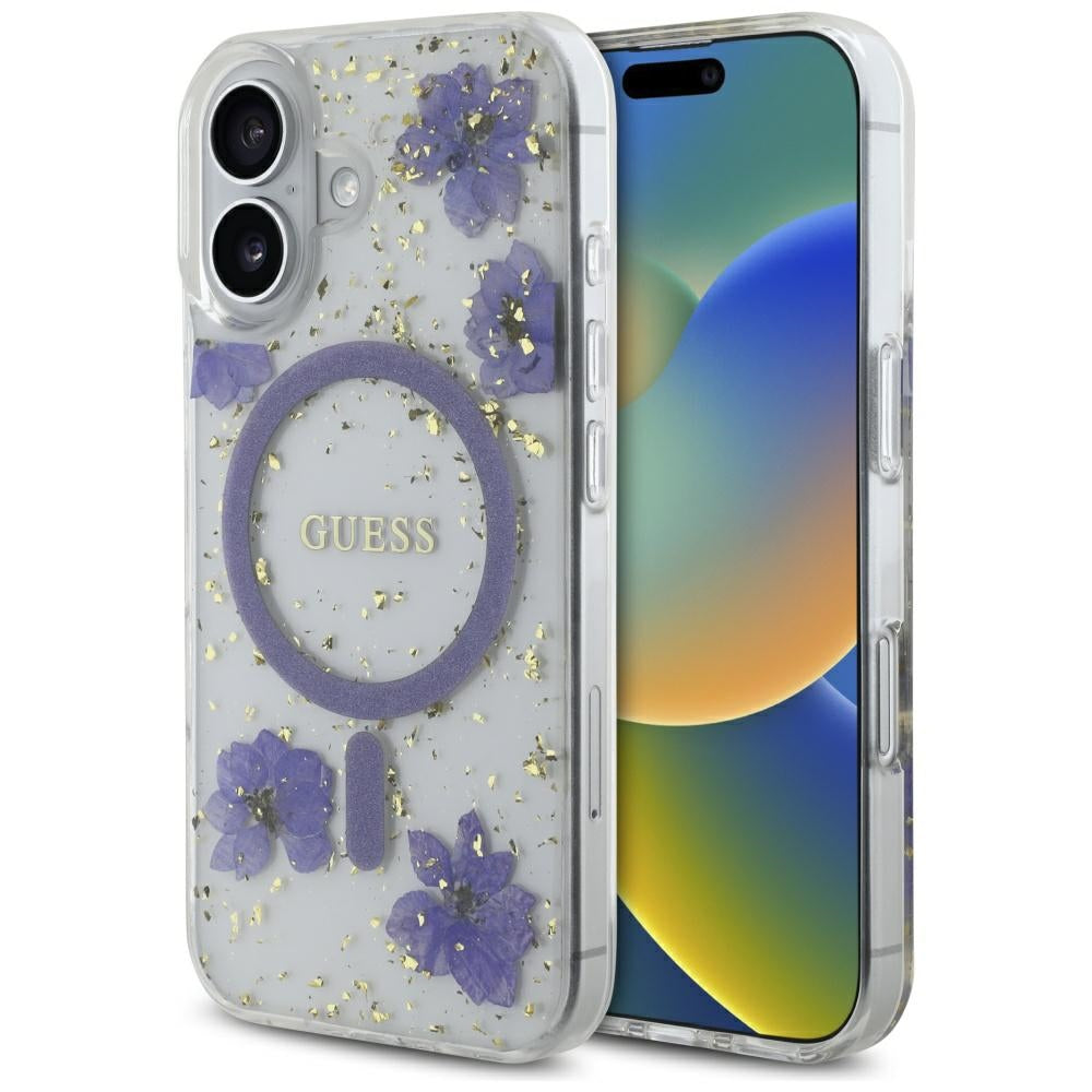 Etui MagSafe dla Apple iPhone 16, Guess, Resin Flowers and Glitter, Fioletowy