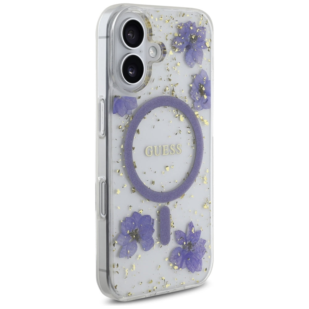Etui MagSafe dla Apple iPhone 16, Guess, Resin Flowers and Glitter, Fioletowy