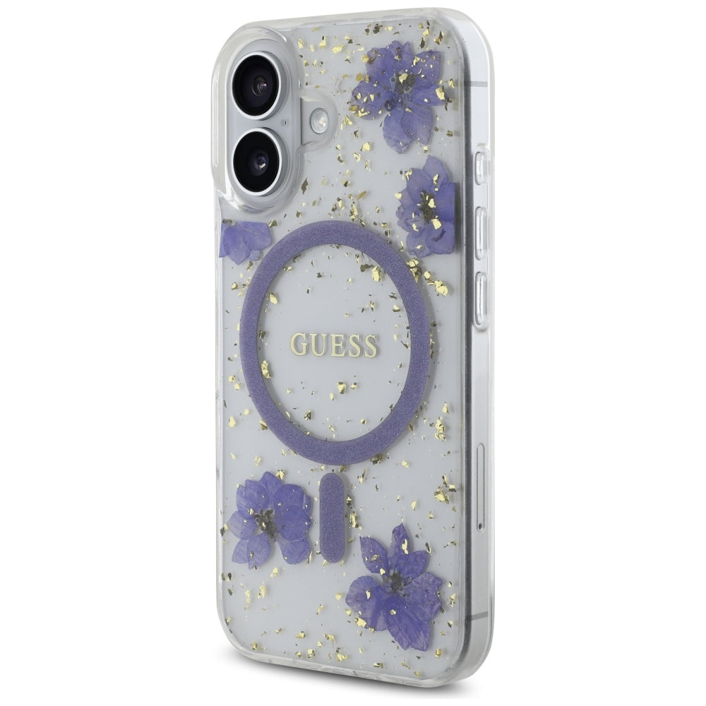Etui MagSafe dla Apple iPhone 16, Guess, Resin Flowers and Glitter, Fioletowy