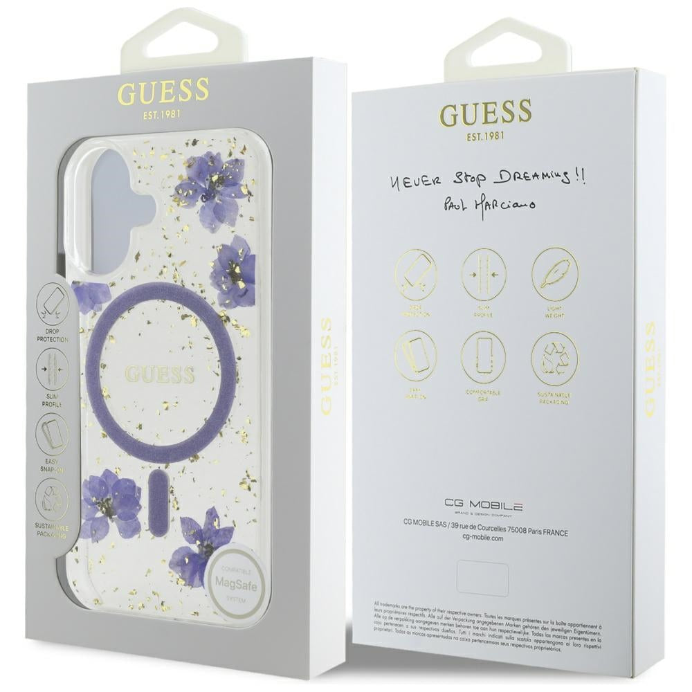 Etui MagSafe dla Apple iPhone 16, Guess, Resin Flowers and Glitter, Fioletowy