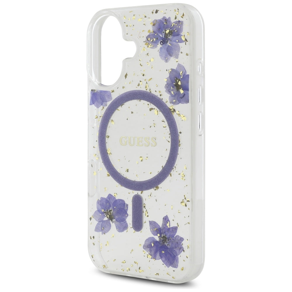 Etui MagSafe dla Apple iPhone 16, Guess, Resin Flowers and Glitter, Fioletowy