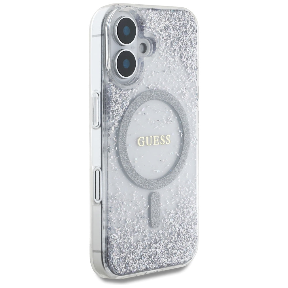 Etui MagSafe dla Apple iPhone 16, Guess, Resin Gradient Glitter, Srebrne