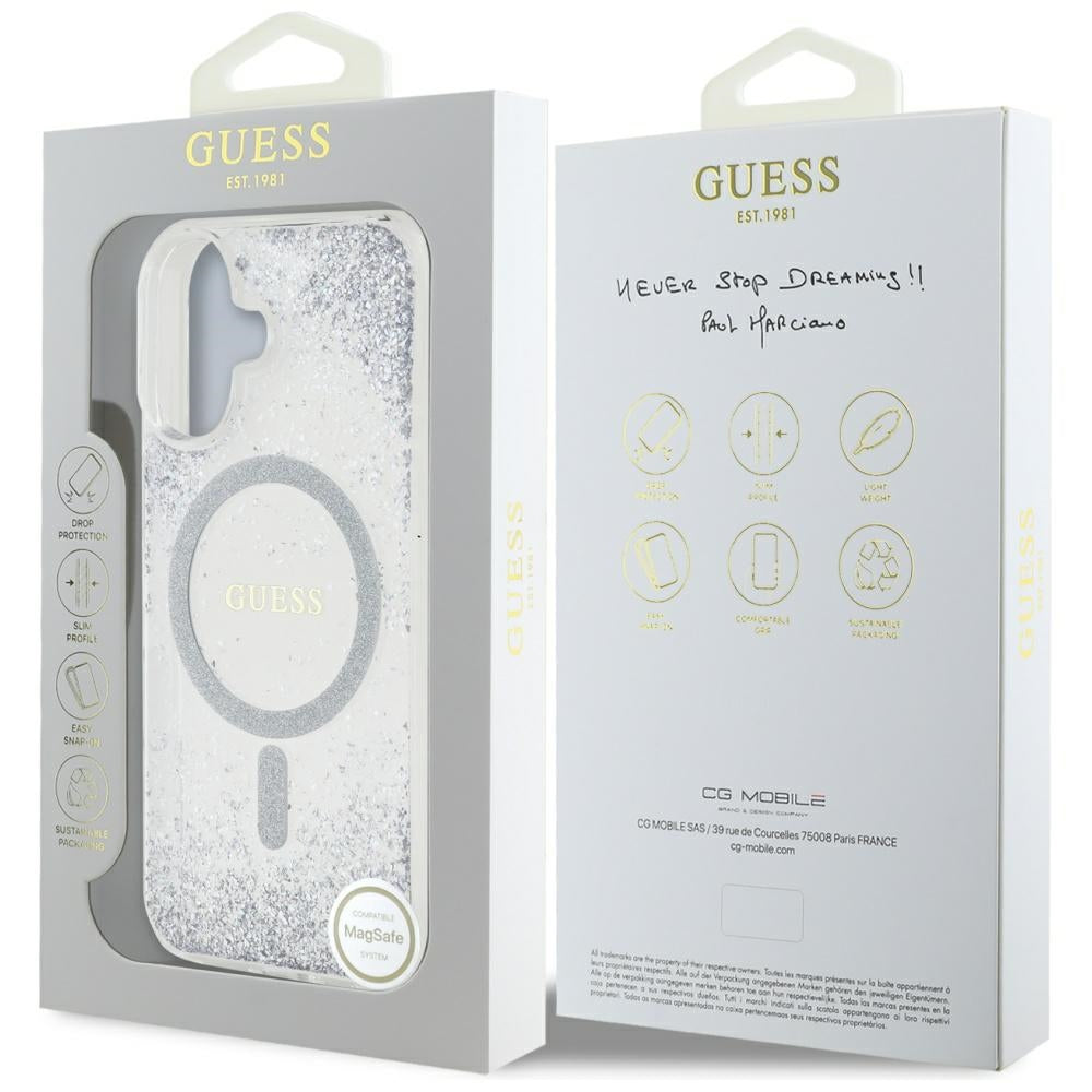 Etui MagSafe dla Apple iPhone 16, Guess, Resin Gradient Glitter, Srebrne