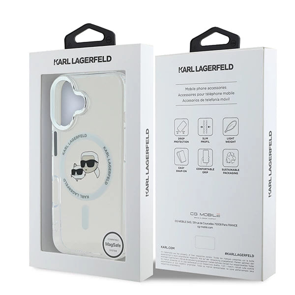 Etui MagSafe dla Apple iPhone 16, Karl Lagerfeld, IML Metal Karl & Choupette's Heads, Białe
