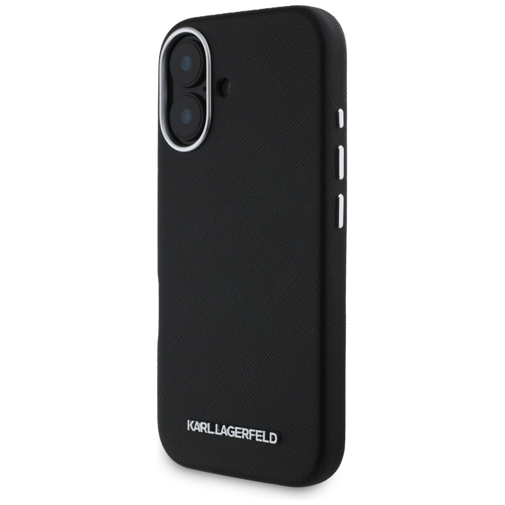 Etui MagSafe dla Apple iPhone 16, Karl Lagerfeld, Saffiano Full Wrapped Elongated Metal Logo, Czarne