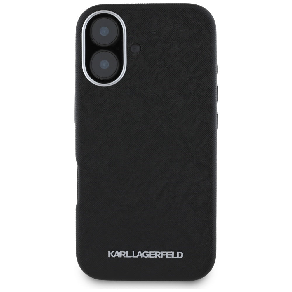Etui MagSafe dla Apple iPhone 16, Karl Lagerfeld, Saffiano Full Wrapped Elongated Metal Logo, Czarne