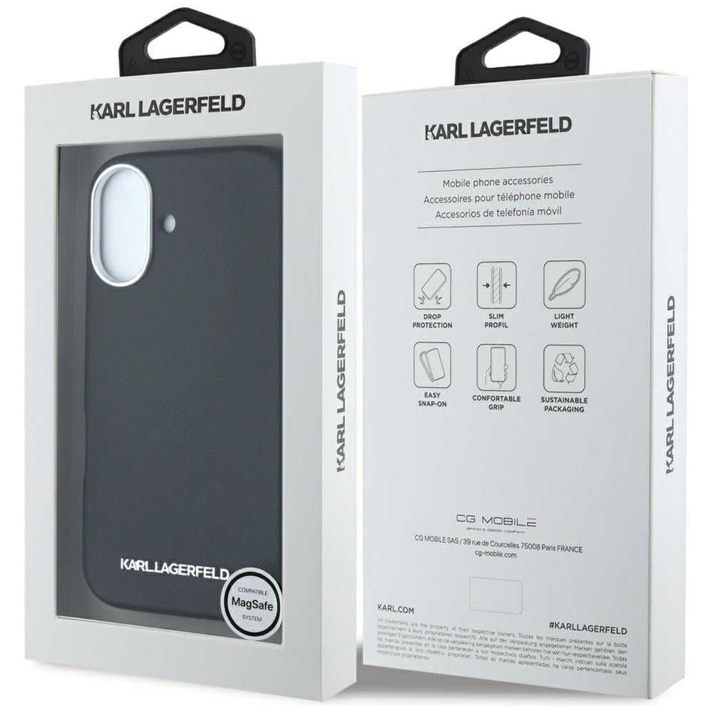 Etui MagSafe dla Apple iPhone 16, Karl Lagerfeld, Saffiano Full Wrapped Elongated Metal Logo, Czarne