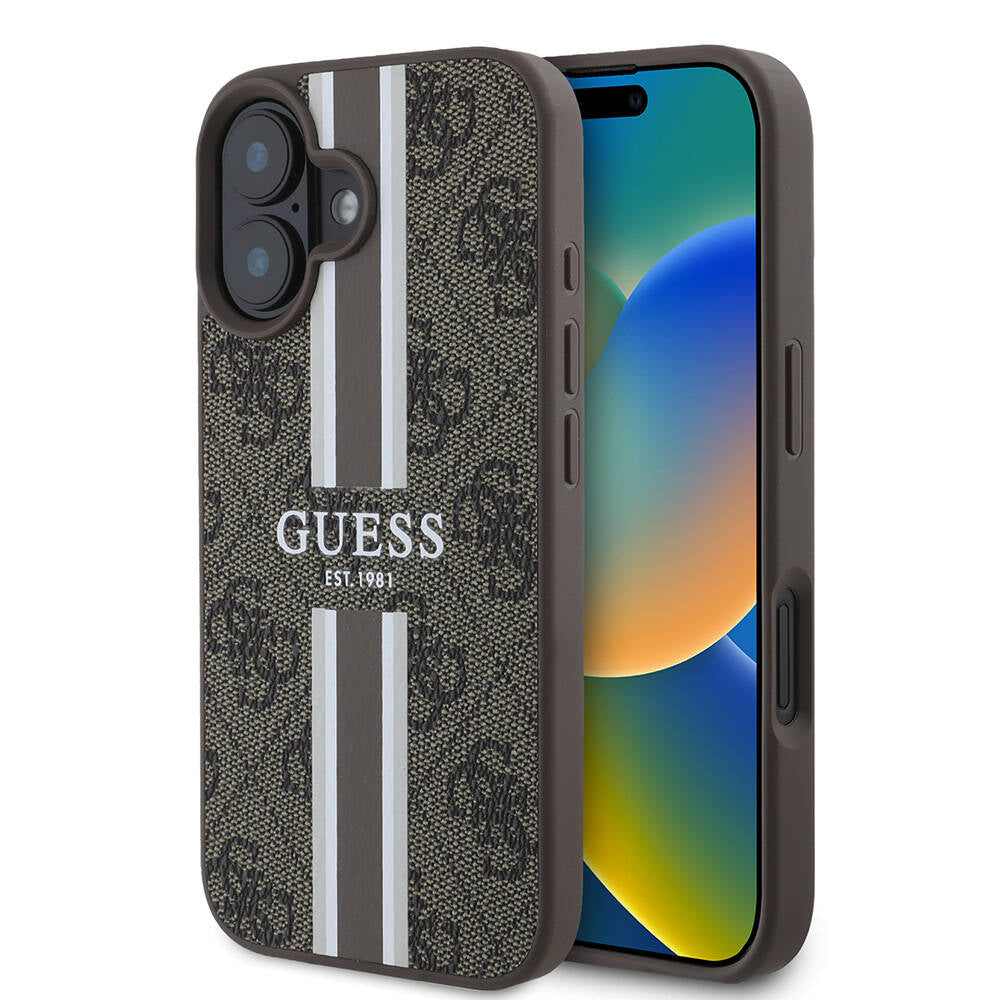 Etui MagSafe dla Apple iPhone 16 Plus, Guess, 4G Printed Stripes, Brązowy