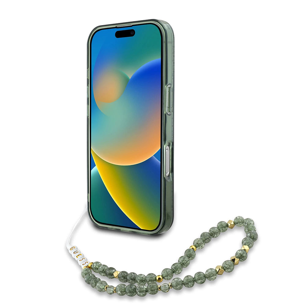 MagSafe Case for Apple iPhone 16 Plus, Guess, IML Flowers Allover Electroplated with Pearl Strap, Green