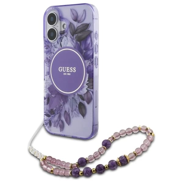 Etui MagSafe dla Apple iPhone 16 Plus, Guess, IML Flowers with Pearl Strap, Fioletowy