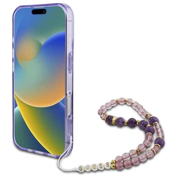 Etui MagSafe dla Apple iPhone 16 Plus, Guess, IML Flowers with Pearl Strap, Fioletowy