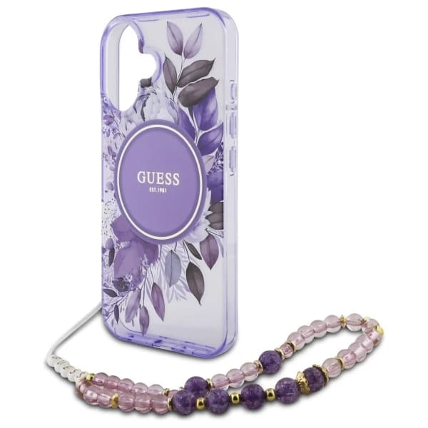 Etui MagSafe dla Apple iPhone 16 Plus, Guess, IML Flowers with Pearl Strap, Fioletowy