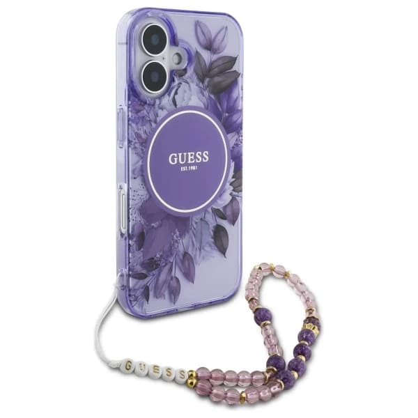 Etui MagSafe dla Apple iPhone 16 Plus, Guess, IML Flowers with Pearl Strap, Fioletowy