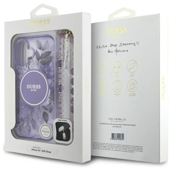 Etui MagSafe dla Apple iPhone 16 Plus, Guess, IML Flowers with Pearl Strap, Fioletowy