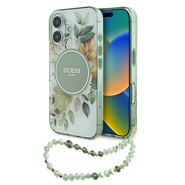 Etui MagSafe dla Apple iPhone 16 Plus, Guess, IML Flowers with Pearl Strap, Zielony