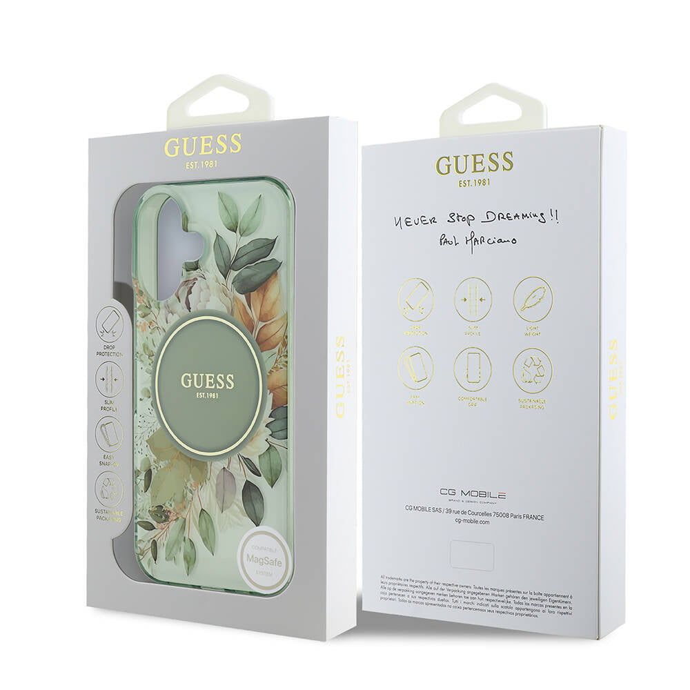 Etui MagSafe dla Apple iPhone 16 Plus, Guess, IML Flowers with Pearl Strap, Zielony
