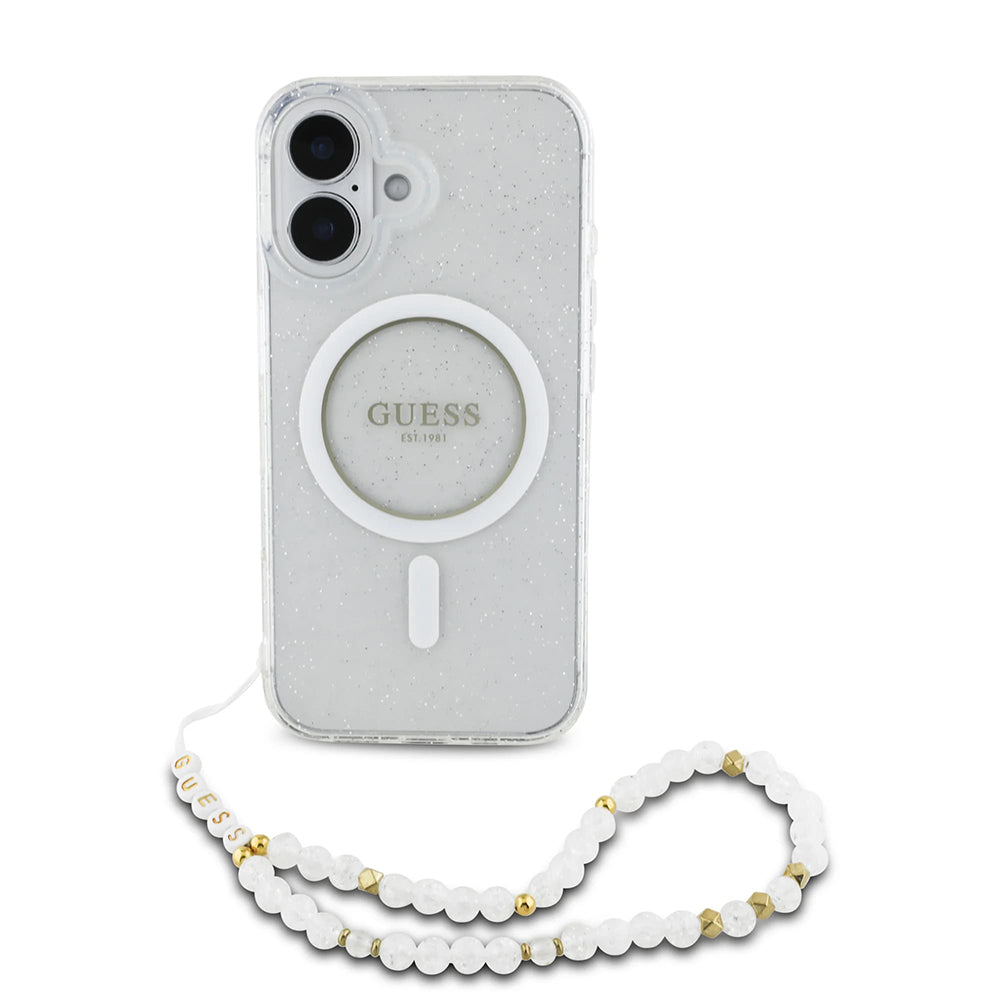 Etui MagSafe dla Apple iPhone 16 Plus, Guess, IML Glitter with Pearl Strap, Przezroczyste