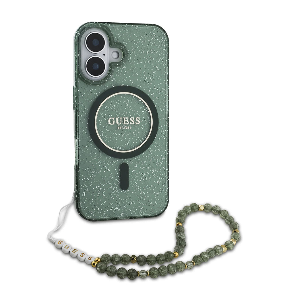 Etui MagSafe dla Apple iPhone 16 Plus, Guess, IML Glitter with Pearl Strap, Zielony