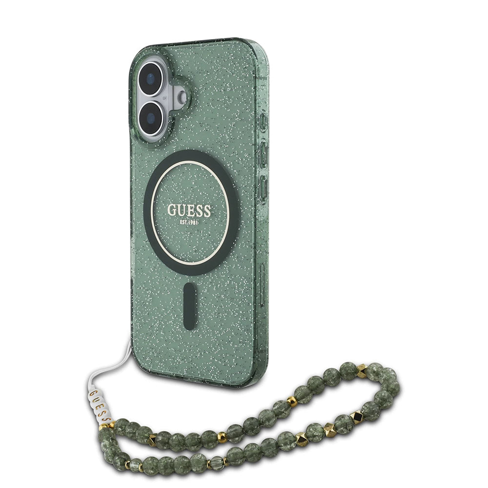 Etui MagSafe dla Apple iPhone 16 Plus, Guess, IML Glitter with Pearl Strap, Zielony