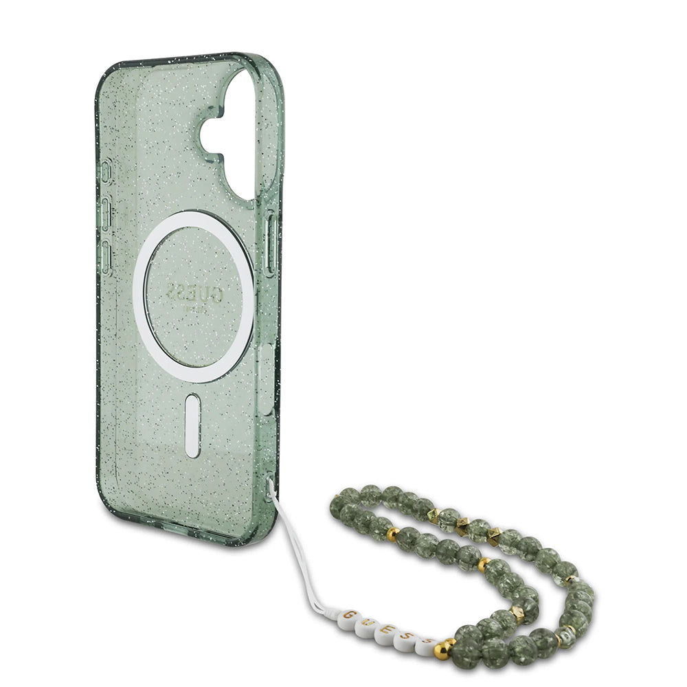 Etui MagSafe dla Apple iPhone 16 Plus, Guess, IML Glitter with Pearl Strap, Zielony