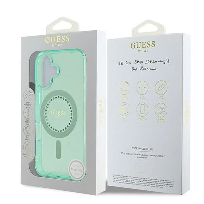Etui MagSafe dla Apple iPhone 16 Plus, Guess, IML Rhinestone, Zielony