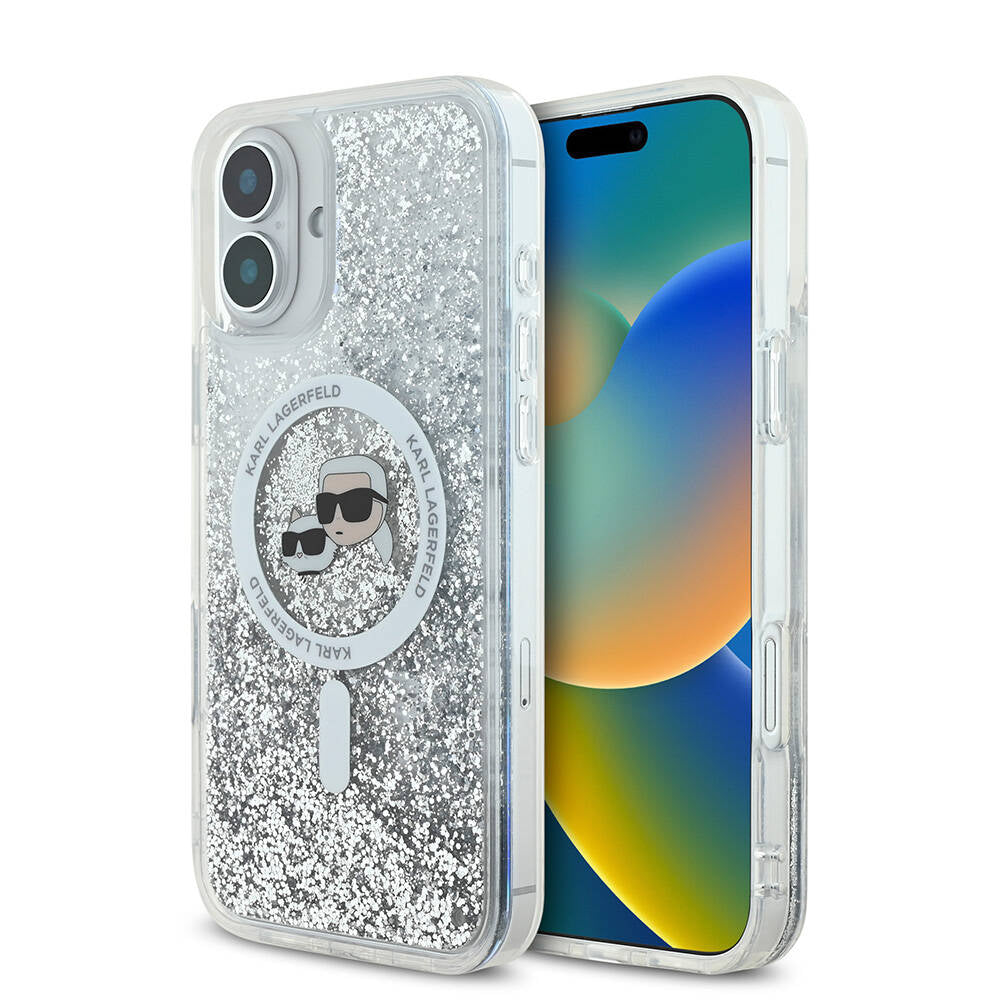 Etui MagSafe dla Apple iPhone 16 Plus, Karl Lagerfeld, Liquid Glitter Karl & Choupette's Heads, Przezroczyste