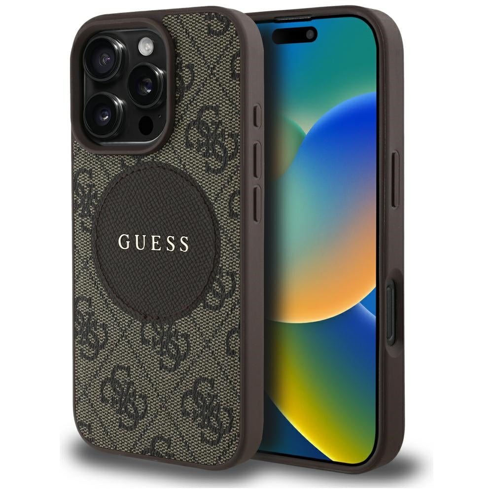 Etui MagSafe dla Apple iPhone 16 Pro, Guess, 4G Circle Classic Logo, Brązowy