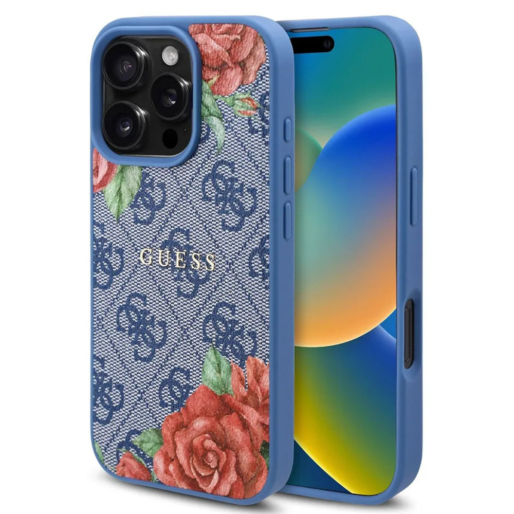 Etui MagSafe dla Apple iPhone 16 Pro, Guess, 4G Flowers Print, Niebieskie.