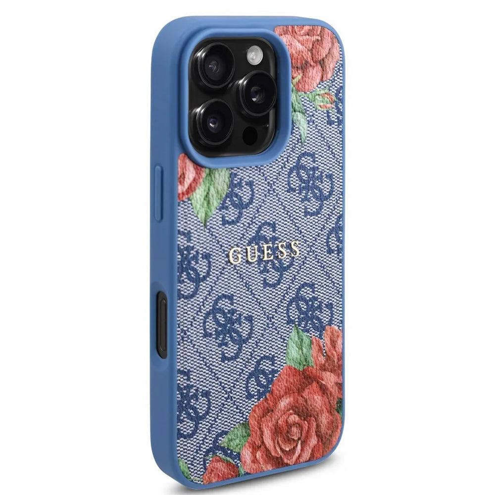 Etui MagSafe dla Apple iPhone 16 Pro, Guess, 4G Flowers Print, Niebieskie.