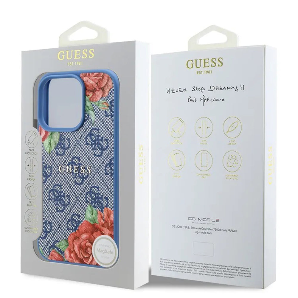 Etui MagSafe dla Apple iPhone 16 Pro, Guess, 4G Flowers Print, Niebieskie.
