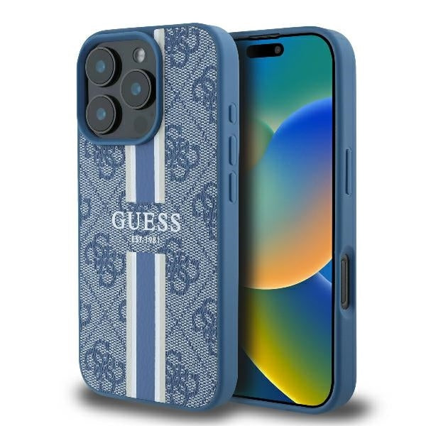 Etui MagSafe dla Apple iPhone 16 Pro, Guess, 4G Printed Stripes, Niebieskie