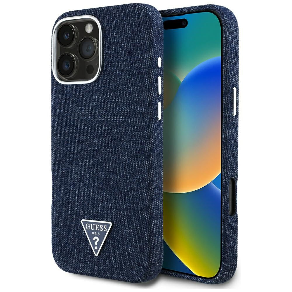 Etui MagSafe dla Apple iPhone 16 Pro, Guess, Denim Triangle Logo, Niebieskie