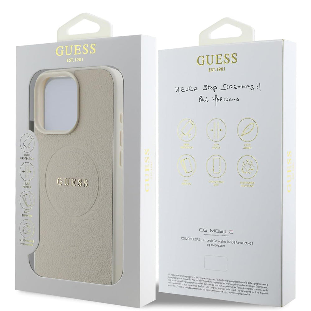Etui MagSafe dla Apple iPhone 16 Pro, Guess, Grained Gold Ring, Beżowy