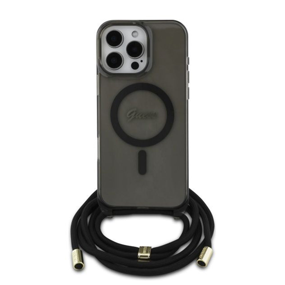 Etui MagSafe dla Apple iPhone 16 Pro, Guess, IML Crossbody Cord Script, Czarne