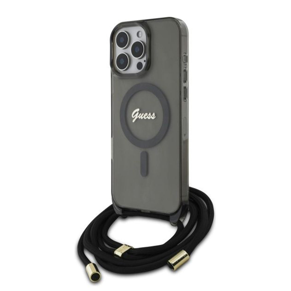 Etui MagSafe dla Apple iPhone 16 Pro, Guess, IML Crossbody Cord Script, Czarne