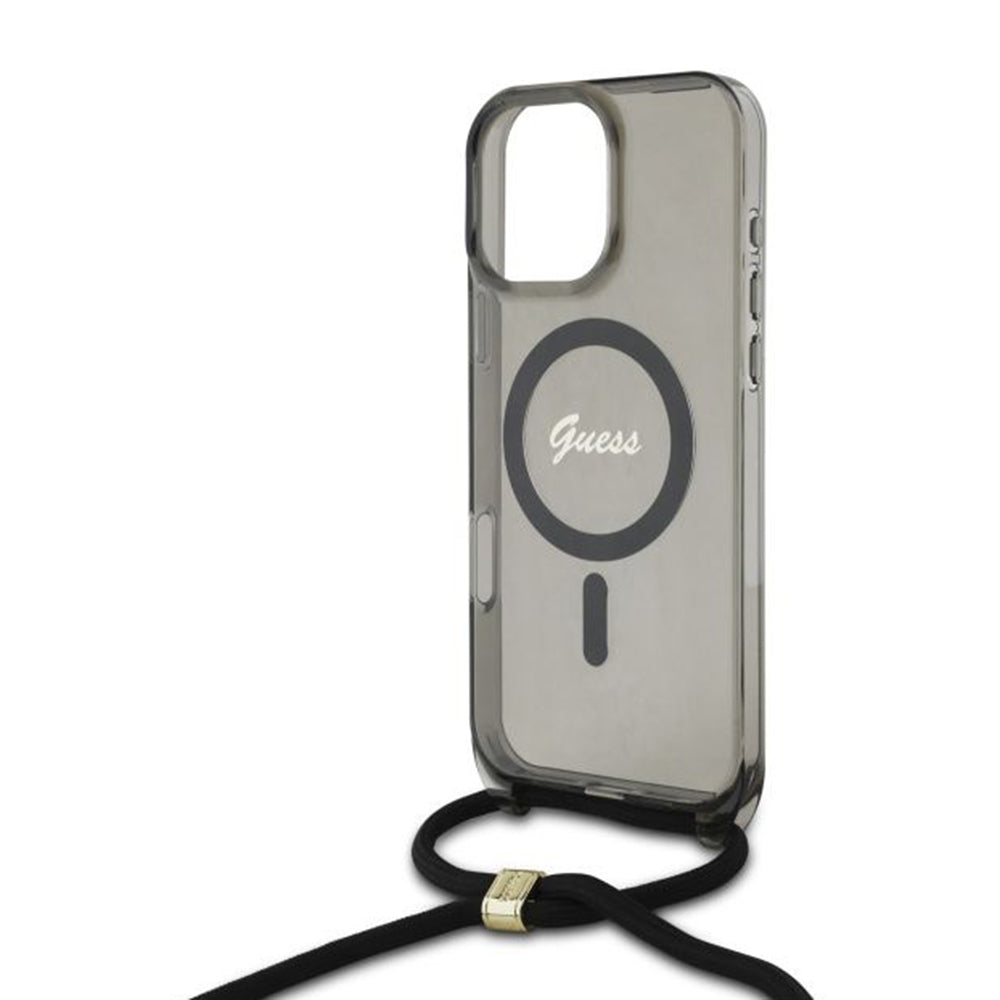 Etui MagSafe dla Apple iPhone 16 Pro, Guess, IML Crossbody Cord Script, Czarne