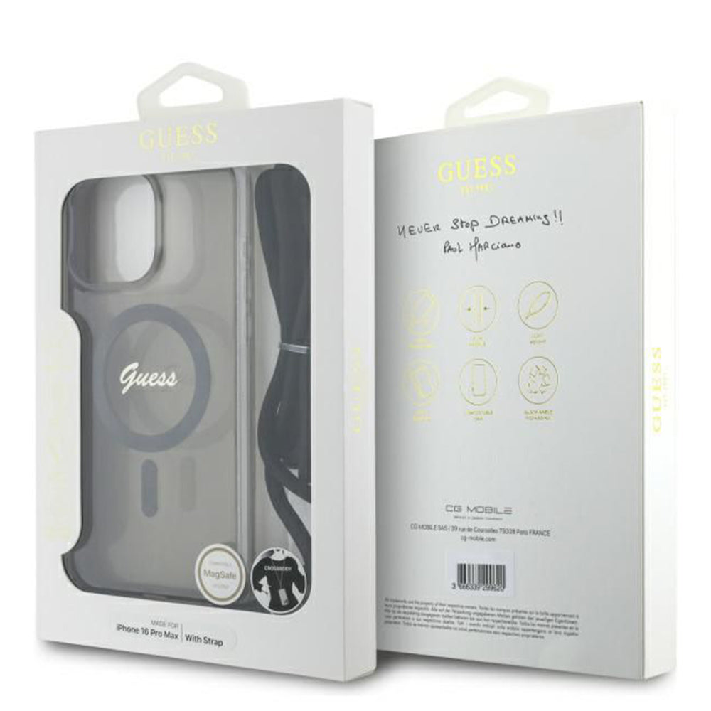 Etui MagSafe dla Apple iPhone 16 Pro, Guess, IML Crossbody Cord Script, Czarne