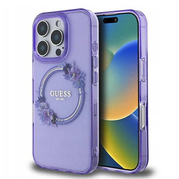 Etui MagSafe dla Apple iPhone 16 Pro, Guess, IML Flowers Wreath, Fioletowy