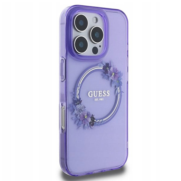 Etui MagSafe dla Apple iPhone 16 Pro, Guess, IML Flowers Wreath, Fioletowy