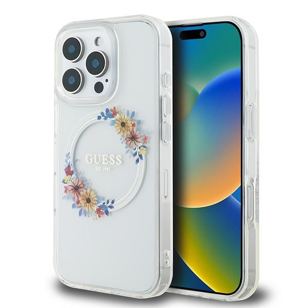 Etui MagSafe dla Apple iPhone 16 Pro, Guess, IML Flowers Wreath, Przezroczyste