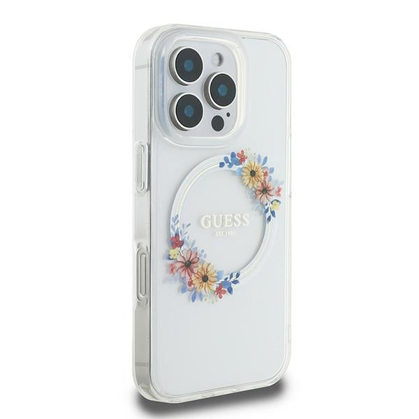 Etui MagSafe dla Apple iPhone 16 Pro, Guess, IML Flowers Wreath, Przezroczyste