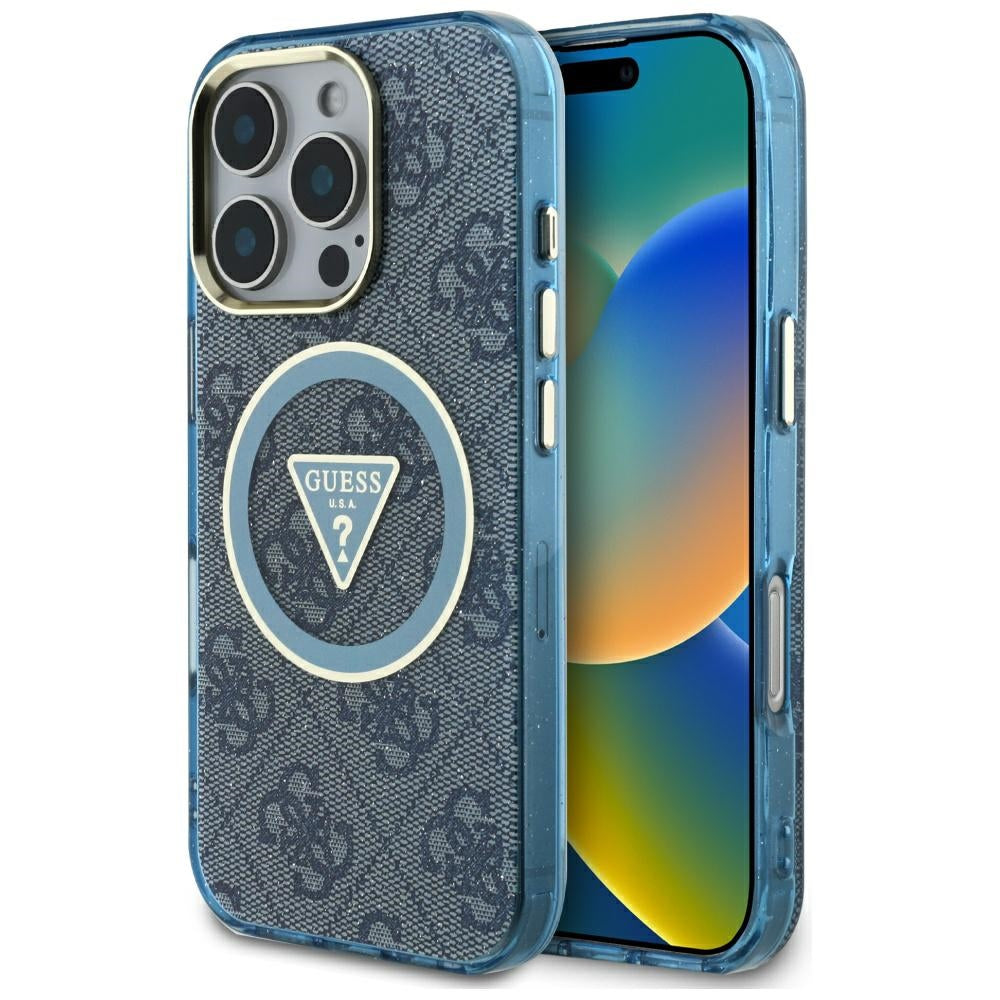 Etui MagSafe dla Apple iPhone 16 Pro, Guess, IML Glitter 4G Circle Triangle, Niebieskie