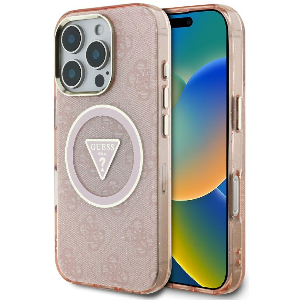 MagSafe Case for Apple iPhone 16 Pro, Guess, IML Glitter 4G Circle Triangle, Pink