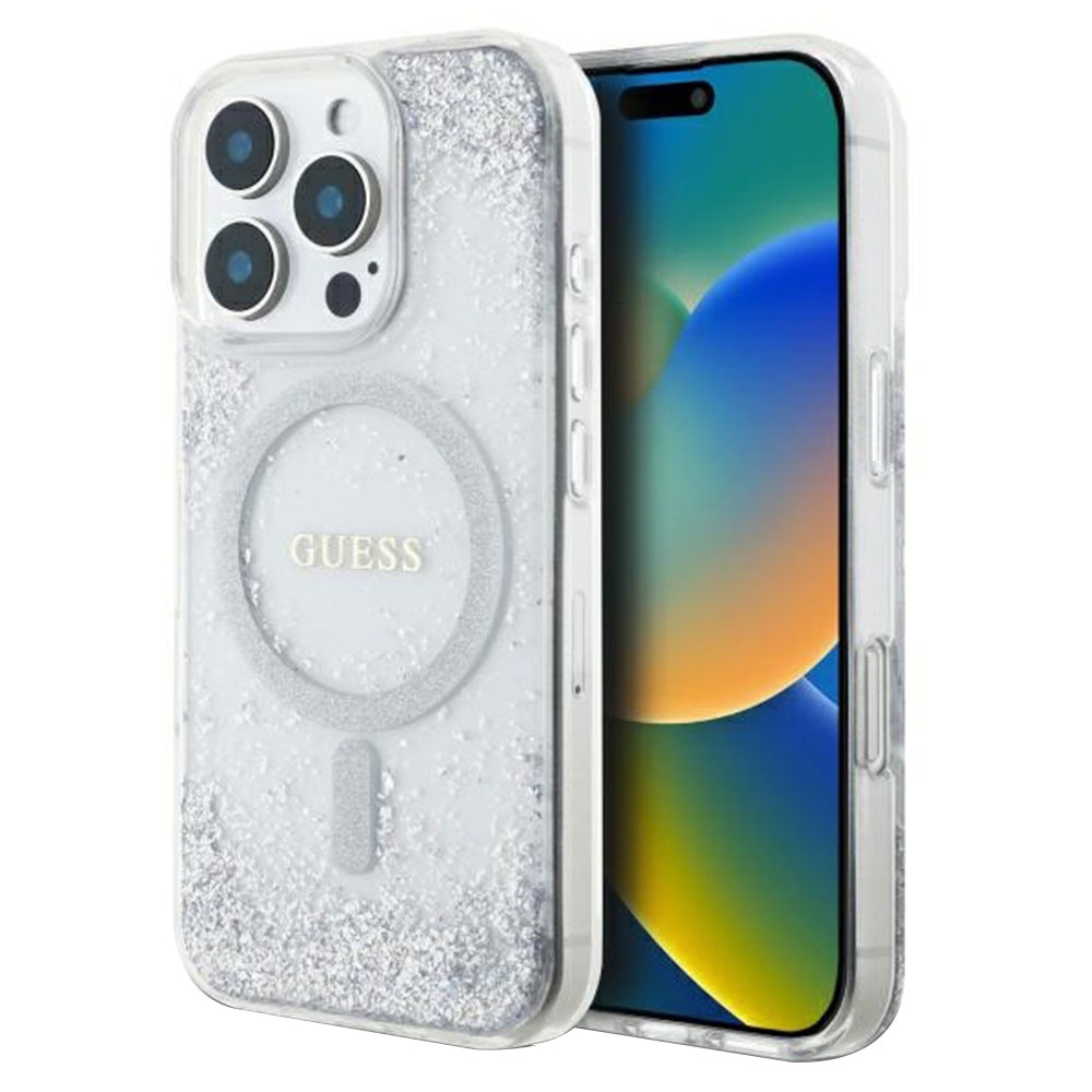 Etui MagSafe dla Apple iPhone 16 Pro, Guess, IML Glitter Gradient, Srebrne