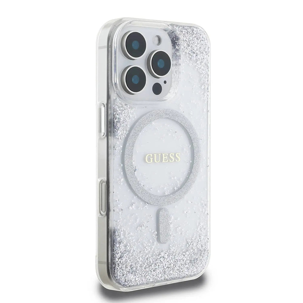 Etui MagSafe dla Apple iPhone 16 Pro, Guess, IML Glitter Gradient, Srebrne