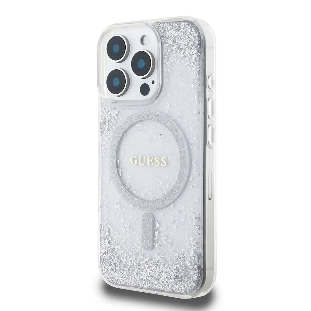 Etui MagSafe dla Apple iPhone 16 Pro, Guess, IML Glitter Gradient, Srebrne