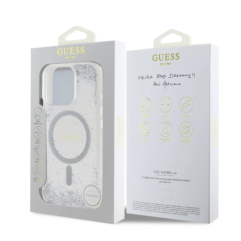 Etui MagSafe dla Apple iPhone 16 Pro, Guess, IML Glitter Gradient, Srebrne