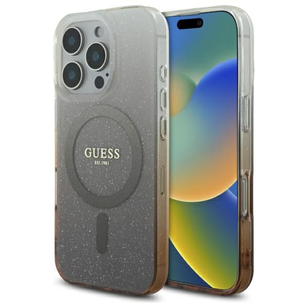 Etui MagSafe dla Apple iPhone 16 Pro, Guess, IML Glitter Gradient, Brązowy