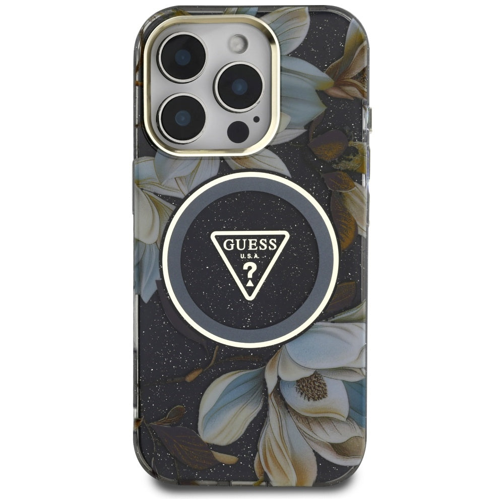 Etui MagSafe dla Apple iPhone 16 Pro, Guess, IML Metal Glitter Flowers Triangle, Czarne